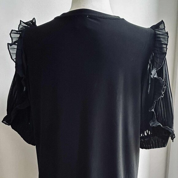 Anne Klein Black Stretch Knit Crewneck Top with Pleated Chiffon Sleeves – US L - Picture 6 of 12